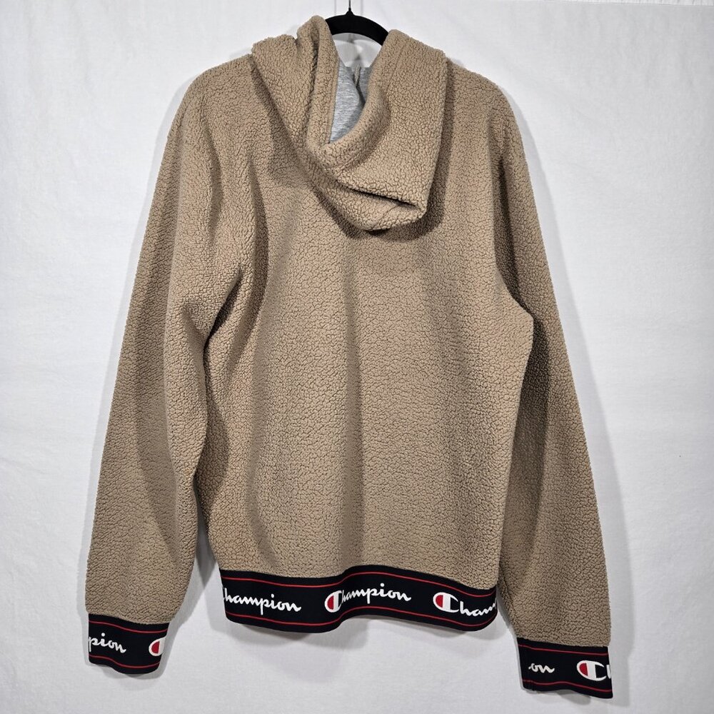 Y2K CHAMPION Streetwear TAN Spell Out Teddy Half Zip Sherpa Hoodie Men's Size L. - Picture 3 of 17